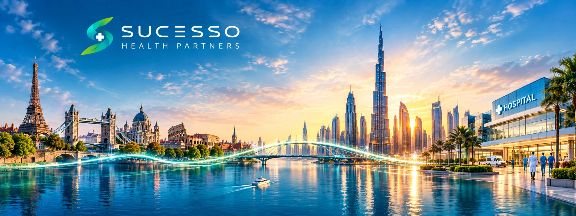 European landmarks connected by a bridge to the Dubai skyline and a GCC hospital