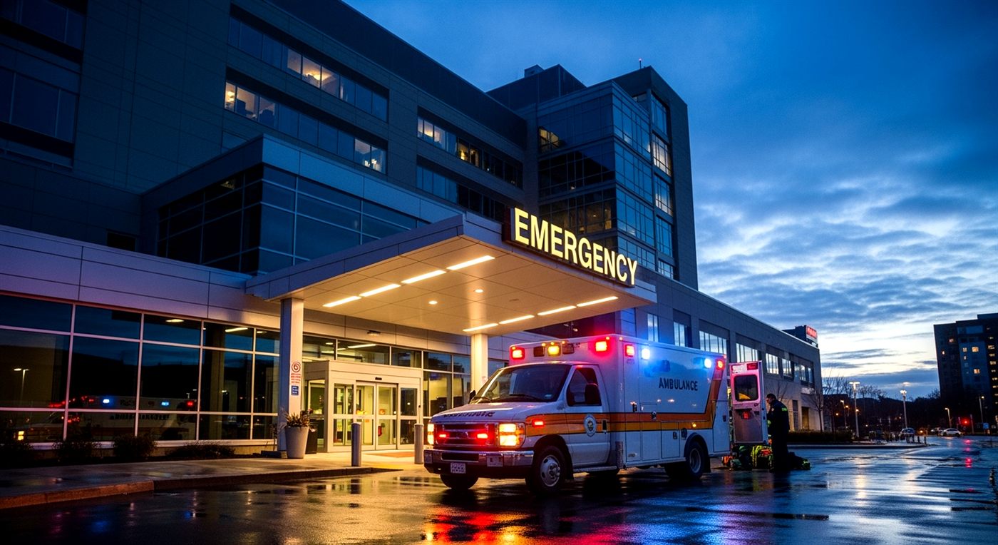 A modern hospital entrance at dusk with an ambulance outside